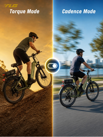 Torque sensor vs cadence sensor modes illustrated by a SummitRide rider climbing and pedaling on a flat road.