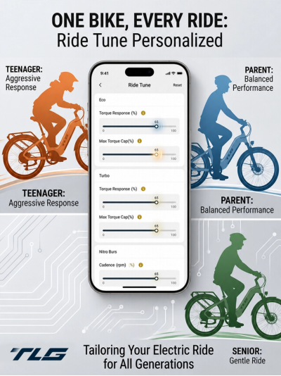 TLG Ride Tune screen showing torque response and torque cap settings for adjusting e-bike pedal-assist response.